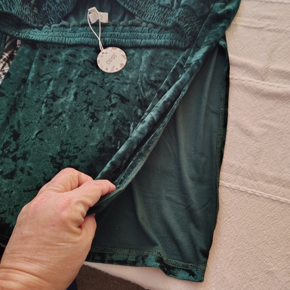 NWT Oddi Oddy Emerald Green Crushed Velvet Wide Leg Slit Leg pants 2X - Picture 7 of 8